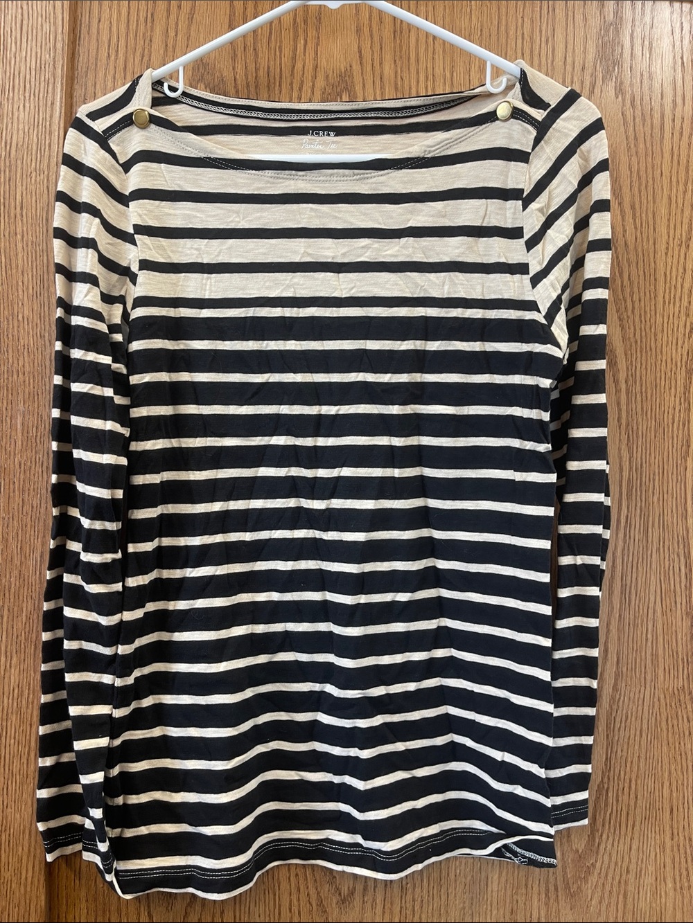 J. Crew Black and Cream Striped Boatneck Long-Sleeve Top with Shoulder Buttons
